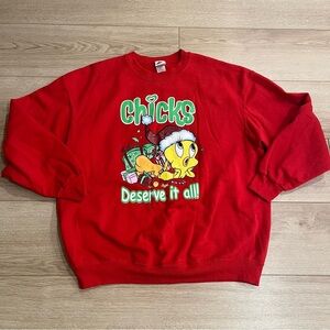Vintage Looney Toons 2003 Y2K Tweety Bird Santa Christmas Sweatshirt Size XL